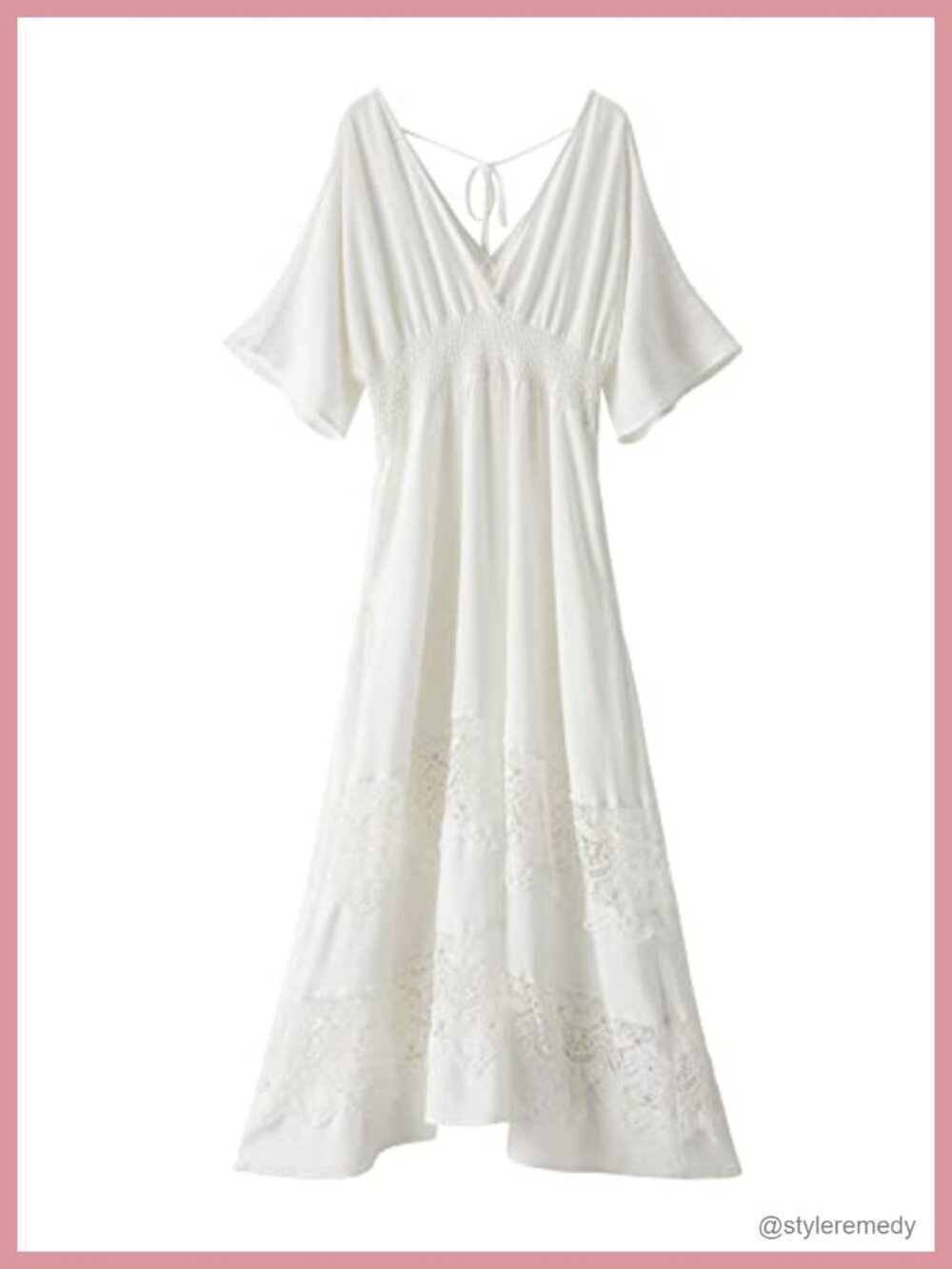 Boho Lace Maxi Dress V Neck Short Sleeve Smocked Waist Flowy